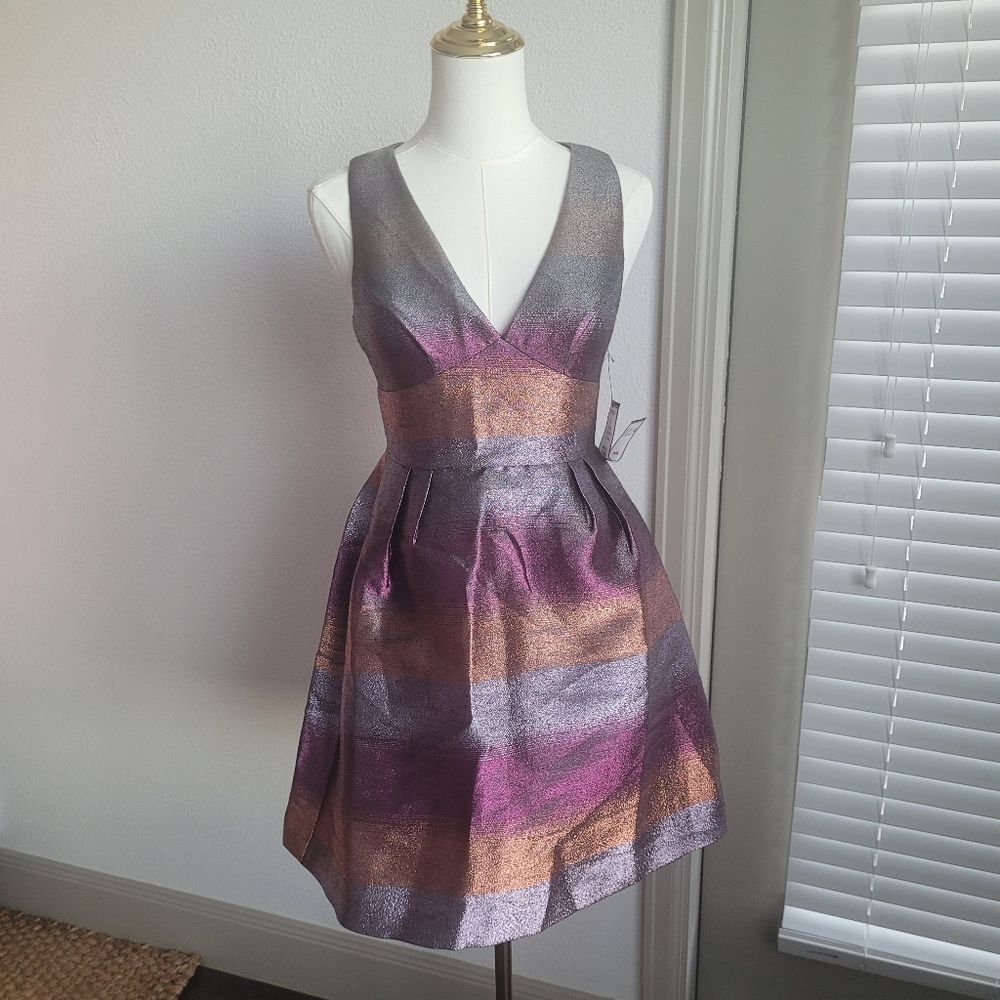 Laundry by Shelli Segal Metallic-Stripe Fit-and-Flare Mini Dress Purple 0